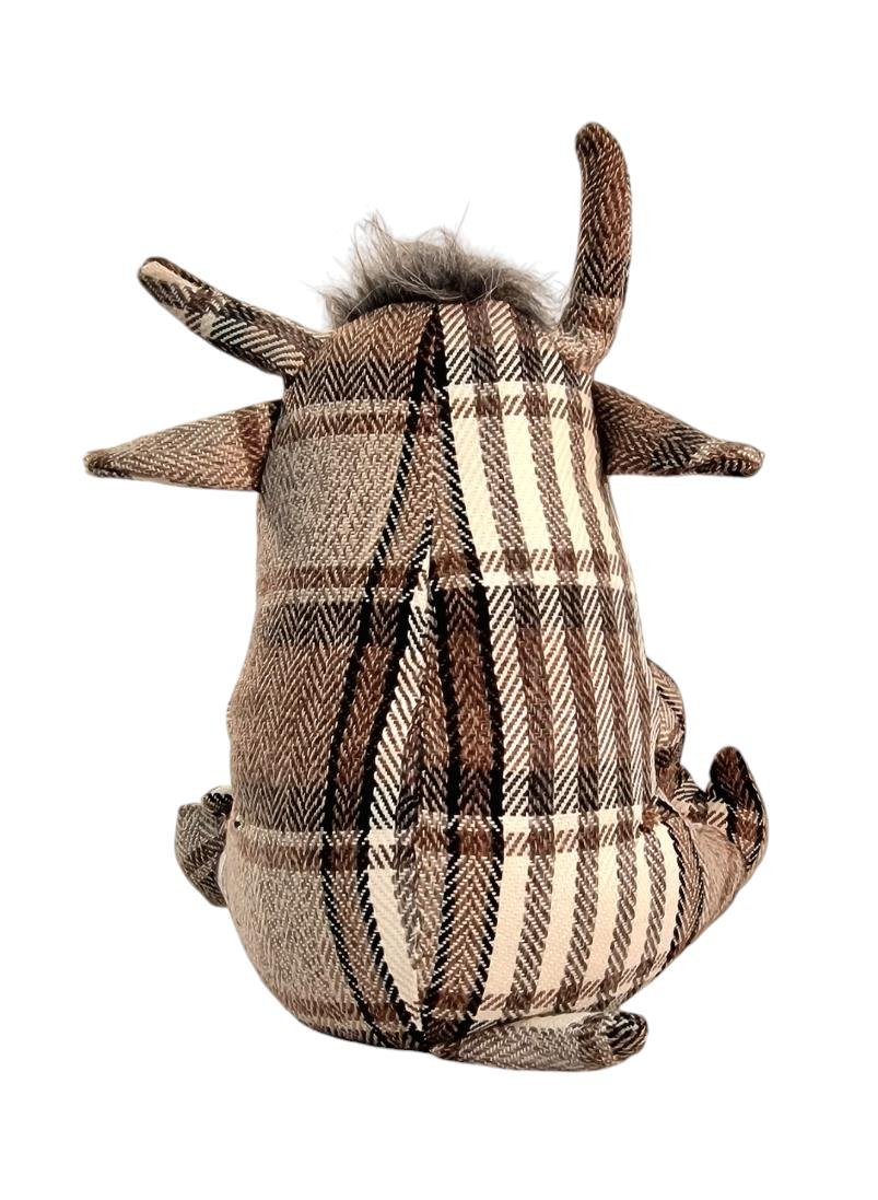 Grey Fabric Tartan Bull Doorstop 30cm - GlenGiftsuk