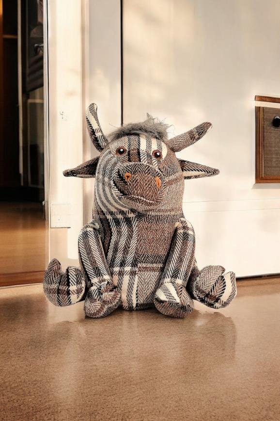 Grey Fabric Tartan Bull Doorstop 30cm - GlenGiftsuk