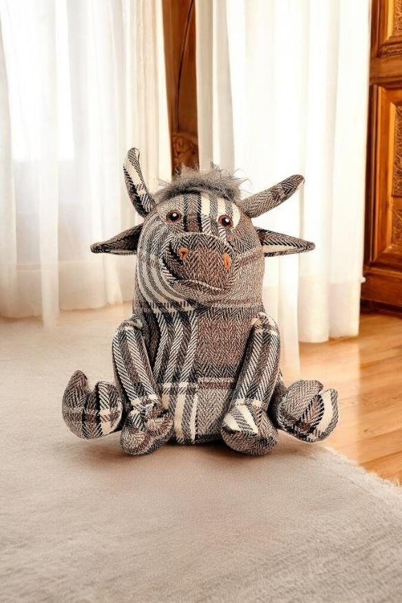 Grey Fabric Tartan Bull Doorstop 30cm - GlenGiftsuk