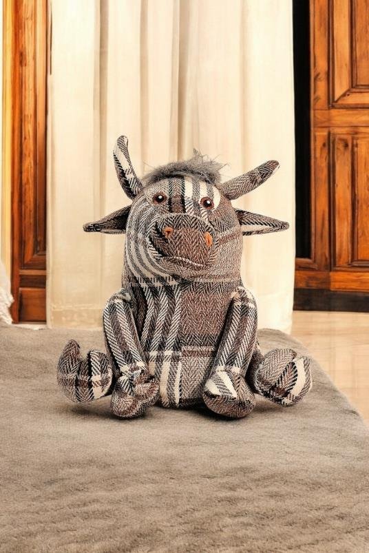 Grey Fabric Tartan Bull Doorstop 30cm - GlenGiftsuk