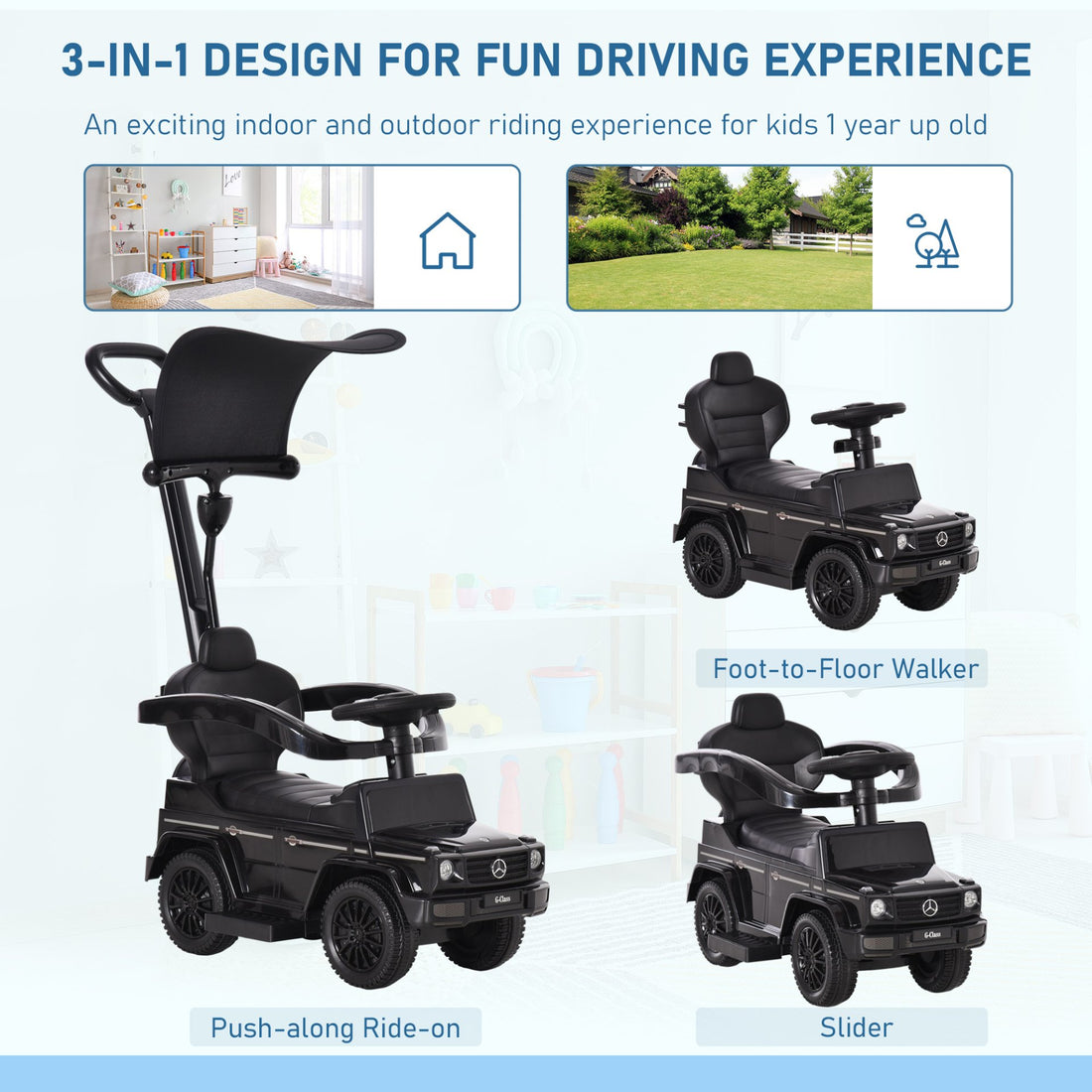 HOMCOM 3 in 1 Kids Children Ride on Push Car Toddler Sliding Car G350 Licensed Walker Foot to Floor Slider Push - Along with Horn Steering Wheel NO POWER Manual, Black - GlenGiftsuk