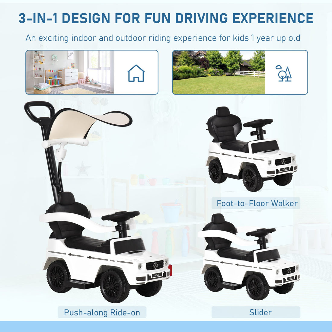 HOMCOM 3 in 1 Kids Children Ride on Push Car Toddler Sliding Car G350 Licensed Walker Foot to Floor Slider Push - Along with Horn Steering Wheel NO POWER Manual, White - GlenGiftsuk