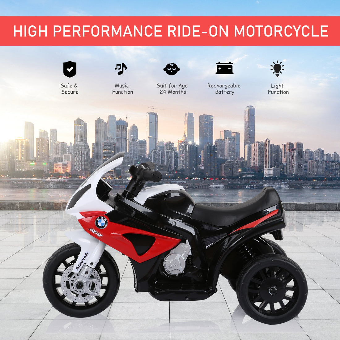 HOMCOM Compatible for Kids 3 Wheel Electric Motorbike Ride on Motorcycle w/ Headlights Music Battery Powered Play Bike 6V Red BMW S1000RR - GlenGiftsuk