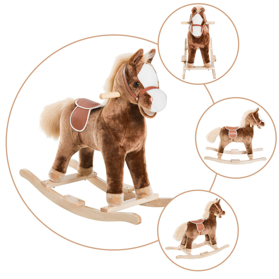 HOMCOM Kids Children Plush Rocking Horse Wooden Base Ride On Toy Rocker with Handle Grip Traditional Toy Fun Gift for Age 3+ (Brown) - GlenGiftsuk