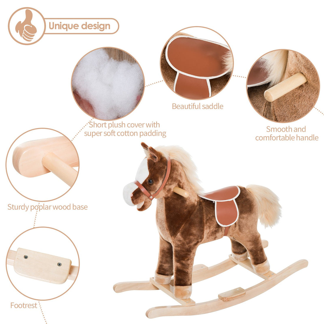 HOMCOM Kids Children Plush Rocking Horse Wooden Base Ride On Toy Rocker with Handle Grip Traditional Toy Fun Gift for Age 3+ (Brown) - GlenGiftsuk