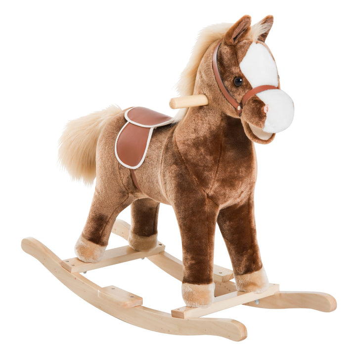 HOMCOM Kids Children Plush Rocking Horse Wooden Base Ride On Toy Rocker with Handle Grip Traditional Toy Fun Gift for Age 3+ (Brown) - GlenGiftsuk