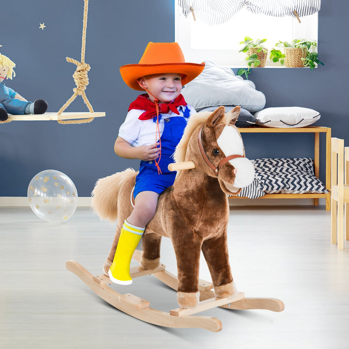 HOMCOM Kids Children Plush Rocking Horse Wooden Base Ride On Toy Rocker with Handle Grip Traditional Toy Fun Gift for Age 3+ (Brown) - GlenGiftsuk