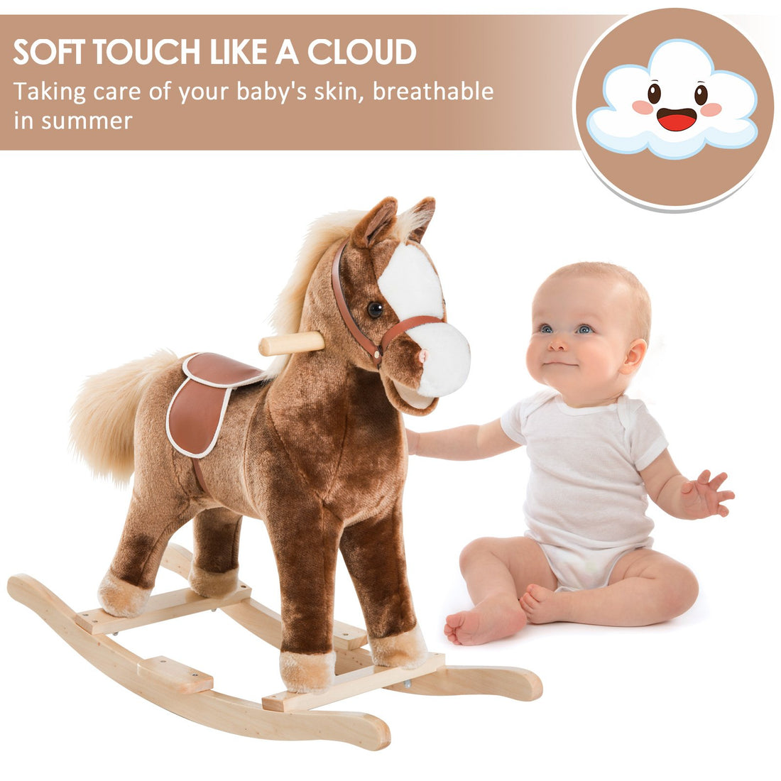 HOMCOM Kids Children Plush Rocking Horse Wooden Base Ride On Toy Rocker with Handle Grip Traditional Toy Fun Gift for Age 3+ (Brown) - GlenGiftsuk