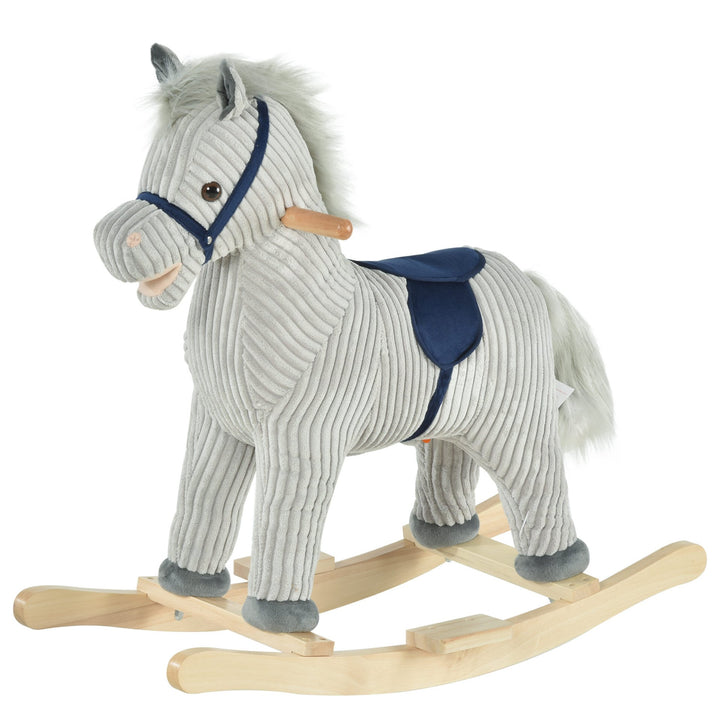 HOMCOM Kids Plush Rocking Horse w/ Sound Children Rocker Ride On Toy Gift 36 - 72 Months Grey - GlenGiftsuk