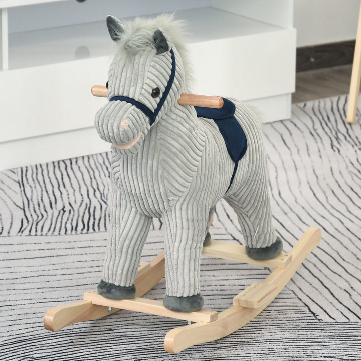 HOMCOM Kids Plush Rocking Horse w/ Sound Children Rocker Ride On Toy Gift 36 - 72 Months Grey - GlenGiftsuk