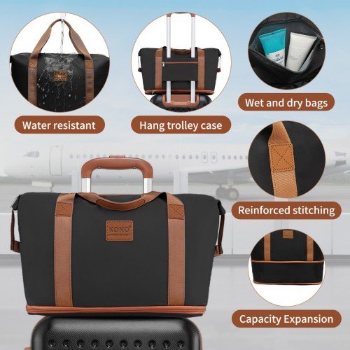 K2394L+EA2212 - Kono 20 Inch ABS Carry On Cabin Suitcase 3 Piece Travel Set with Weekend and Toiletry Bag - Black - GlenGiftsuk