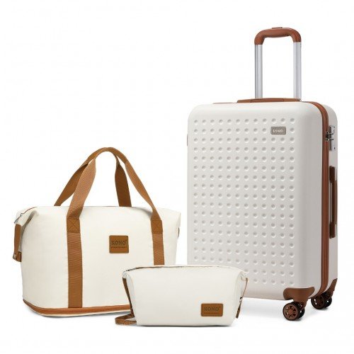 K2394L+EA2212 - Kono 20 Inch ABS Carry On Cabin Suitcase 3 Piece Travel Set with Weekend and Toiletry Bag - Cream - GlenGiftsuk