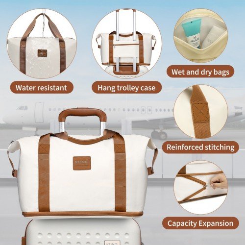 K2394L+EA2212 - Kono 20 Inch ABS Carry On Cabin Suitcase 3 Piece Travel Set with Weekend and Toiletry Bag - Cream - GlenGiftsuk