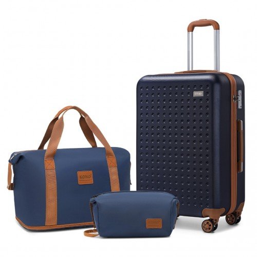 K2394L+EA2212 - Kono 20 Inch ABS Carry On Cabin Suitcase 3 Piece Travel Set with Weekend and Toiletry Bag - Navy - GlenGiftsuk