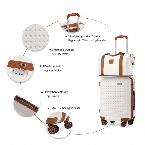 K2394L+EA2212 - Kono 20 Inch ABS Carry On Cabin Suitcase 4 Piece Travel Set Included Vanity Case And Weekend Bag and Toiletry Bag - Cream - GlenGiftsuk