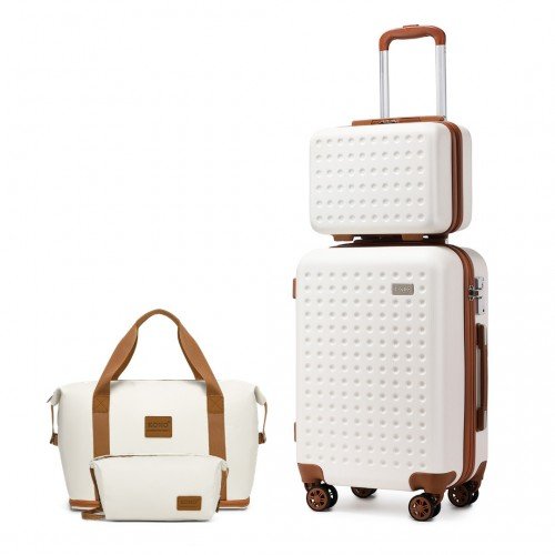 K2394L+EA2212 - Kono 20 Inch ABS Carry On Cabin Suitcase 4 Piece Travel Set Included Vanity Case And Weekend Bag and Toiletry Bag - Cream - GlenGiftsuk