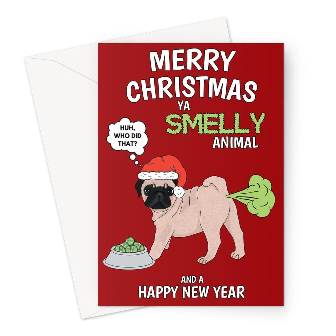 Merry Christmas Card - Funny Farting Pug Dog - A5 Greeting Card - GlenGiftsuk