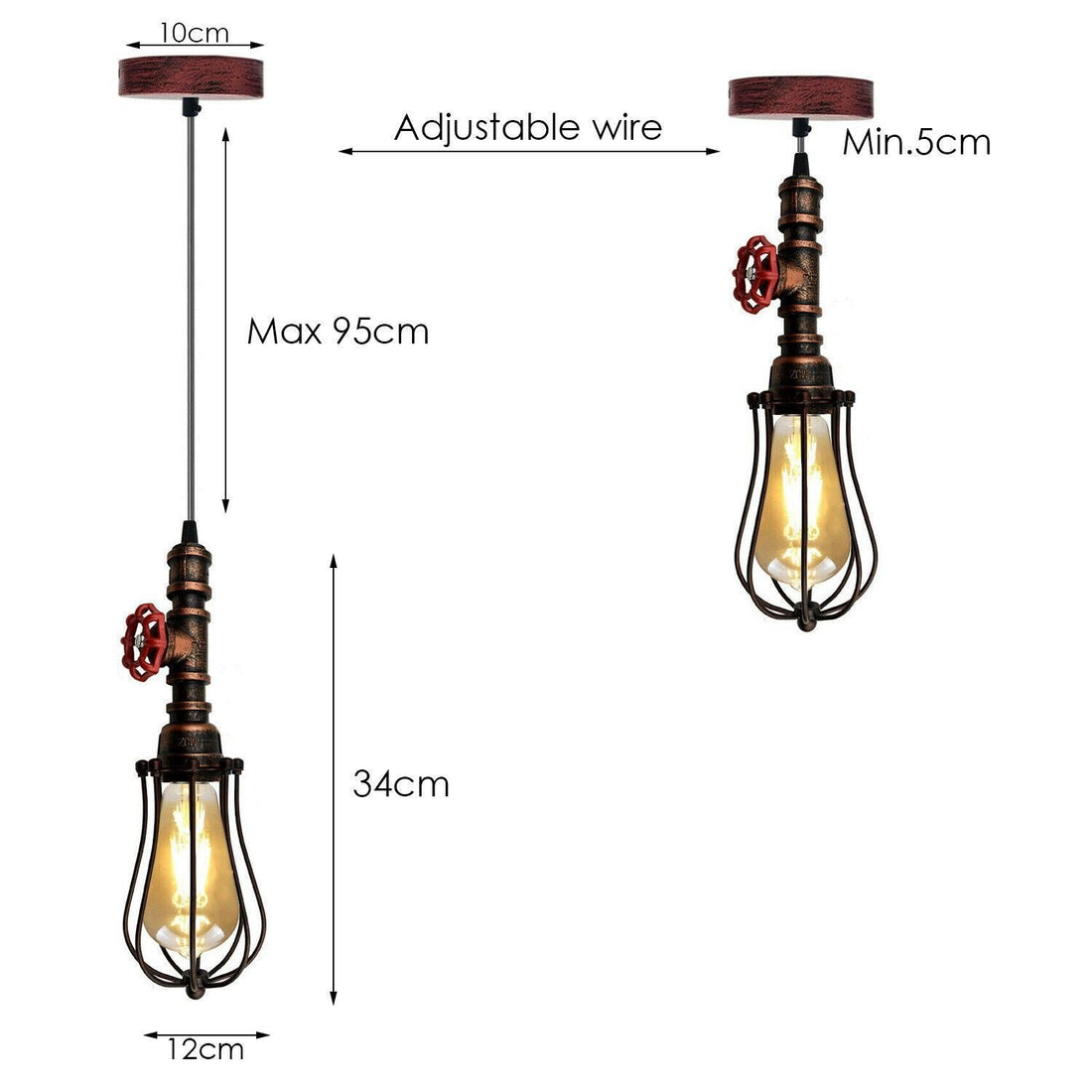 Rustic Red Pendant Light Steampunk Pipe Light Balloon Cage Lamp Hanging Indoor Light Fitting For Kitchen, Living room~1194 - GlenGiftsuk