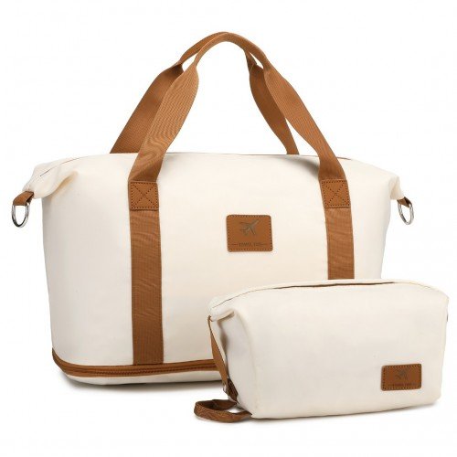 S2366 - 36L Expandable Water - Resistant Travel Tote Set with Cosmetic Pouch Versatile Carry - On Duffel Bag - Beige And Brown - GlenGiftsuk