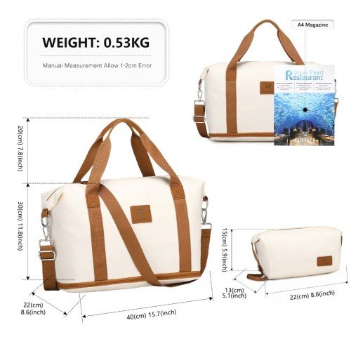 S2366 - 36L Expandable Water - Resistant Travel Tote Set with Cosmetic Pouch Versatile Carry - On Duffel Bag - Beige And Brown - GlenGiftsuk