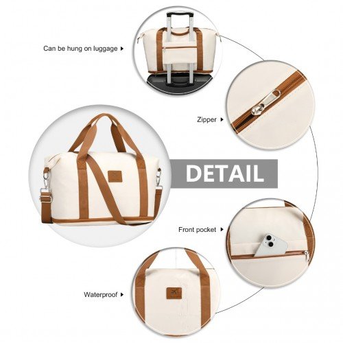 S2366 - 36L Expandable Water - Resistant Travel Tote Set with Cosmetic Pouch Versatile Carry - On Duffel Bag - Beige And Brown - GlenGiftsuk