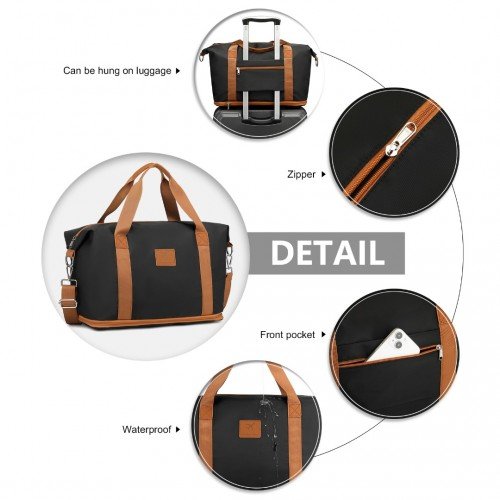 S2366 - 36L Expandable Water - Resistant Travel Tote Set with Cosmetic Pouch Versatile Carry - On Duffel Bag - Black And Brown - GlenGiftsuk