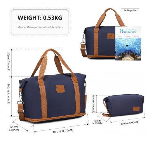 S2366 - 36L Expandable Water - Resistant Travel Tote Set with Cosmetic Pouch Versatile Carry - On Duffel Bag - Navy And Brown - GlenGiftsuk