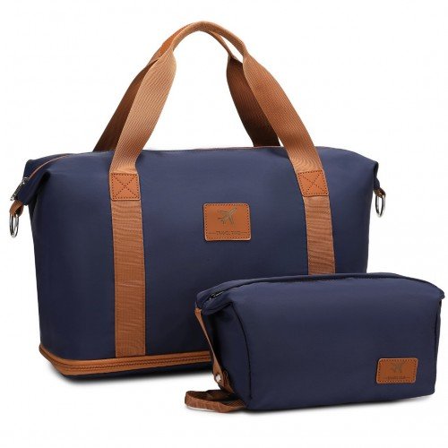 S2366 - 36L Expandable Water - Resistant Travel Tote Set with Cosmetic Pouch Versatile Carry - On Duffel Bag - Navy And Brown - GlenGiftsuk