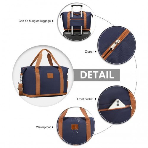 S2366 - 36L Expandable Water - Resistant Travel Tote Set with Cosmetic Pouch Versatile Carry - On Duffel Bag - Navy And Brown - GlenGiftsuk