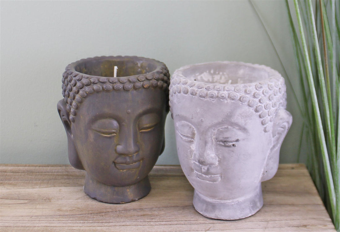 Set of 2 Medium Cement Buddha Design Candles - GlenGiftsuk