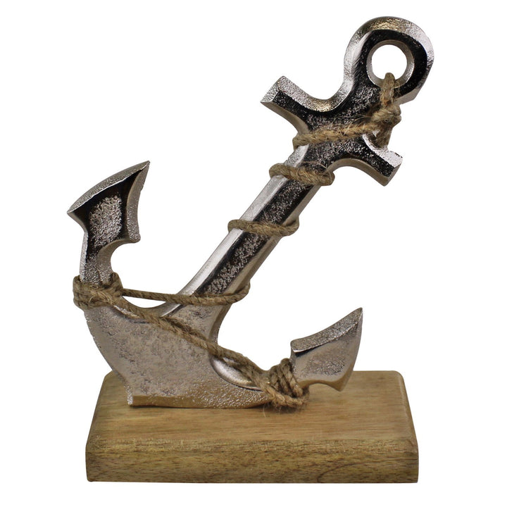 Silver Metal Anchor Ornament On Wooden Base - GlenGiftsuk