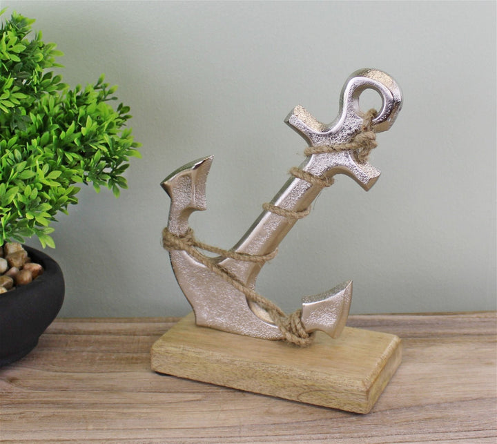 Silver Metal Anchor Ornament On Wooden Base - GlenGiftsuk