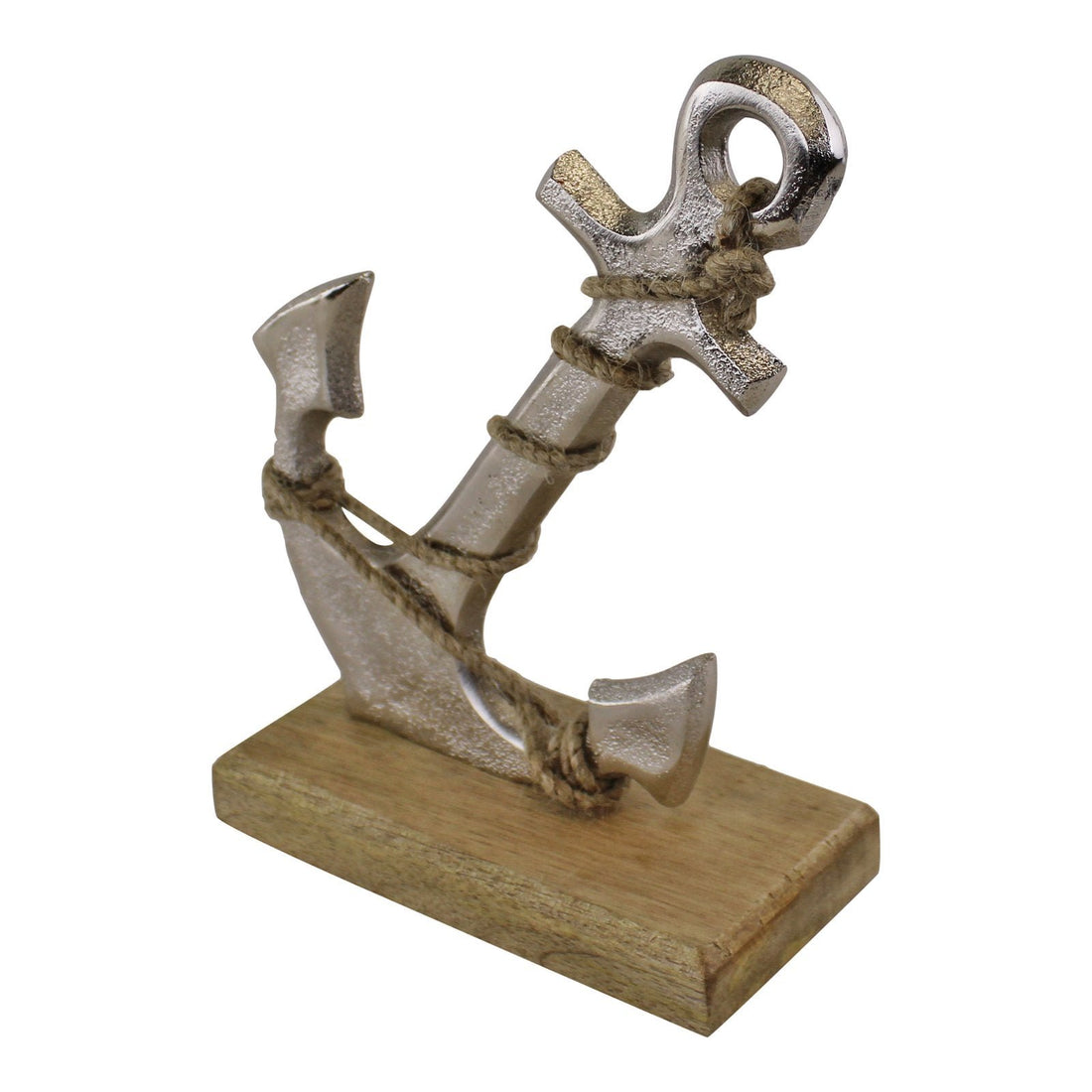 Silver Metal Anchor Ornament On Wooden Base - GlenGiftsuk