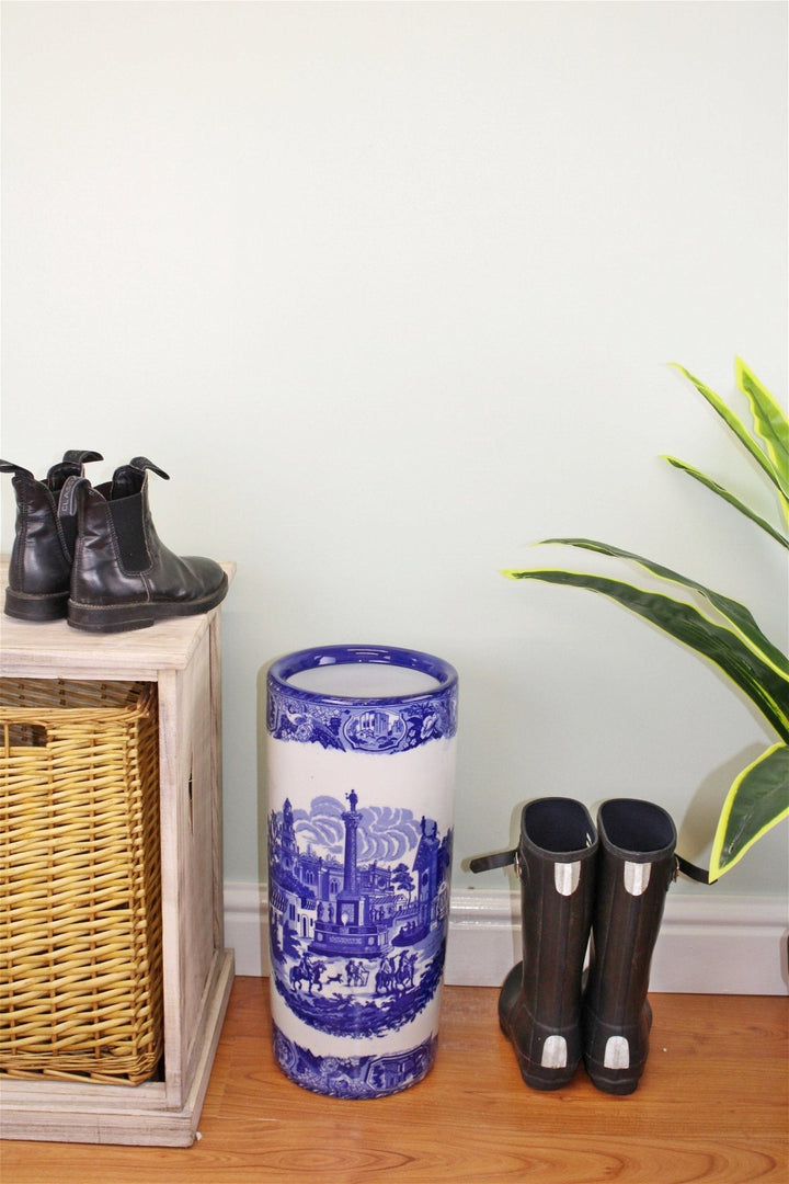 Umbrella Stand, Vintage Blue & White Townscape Design - GlenGiftsuk