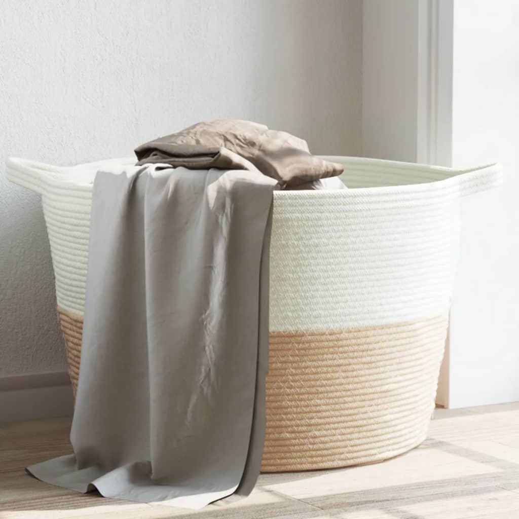 vidaXL Laundry Basket Beige and White Ø60x36 cm Cotton - GlenGiftsuk