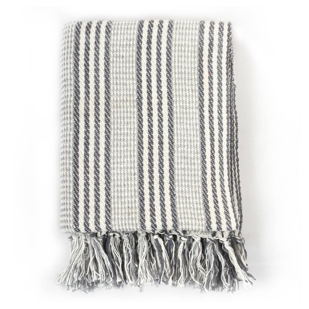 vidaXL Throw Cotton Stripes 160x210 cm Grey and White - GlenGiftsuk