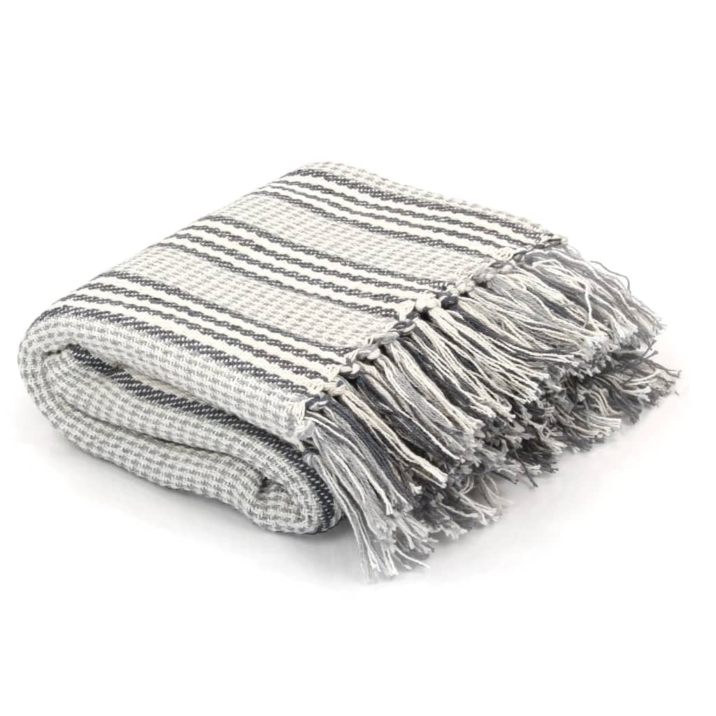 vidaXL Throw Cotton Stripes 160x210 cm Grey and White - GlenGiftsuk