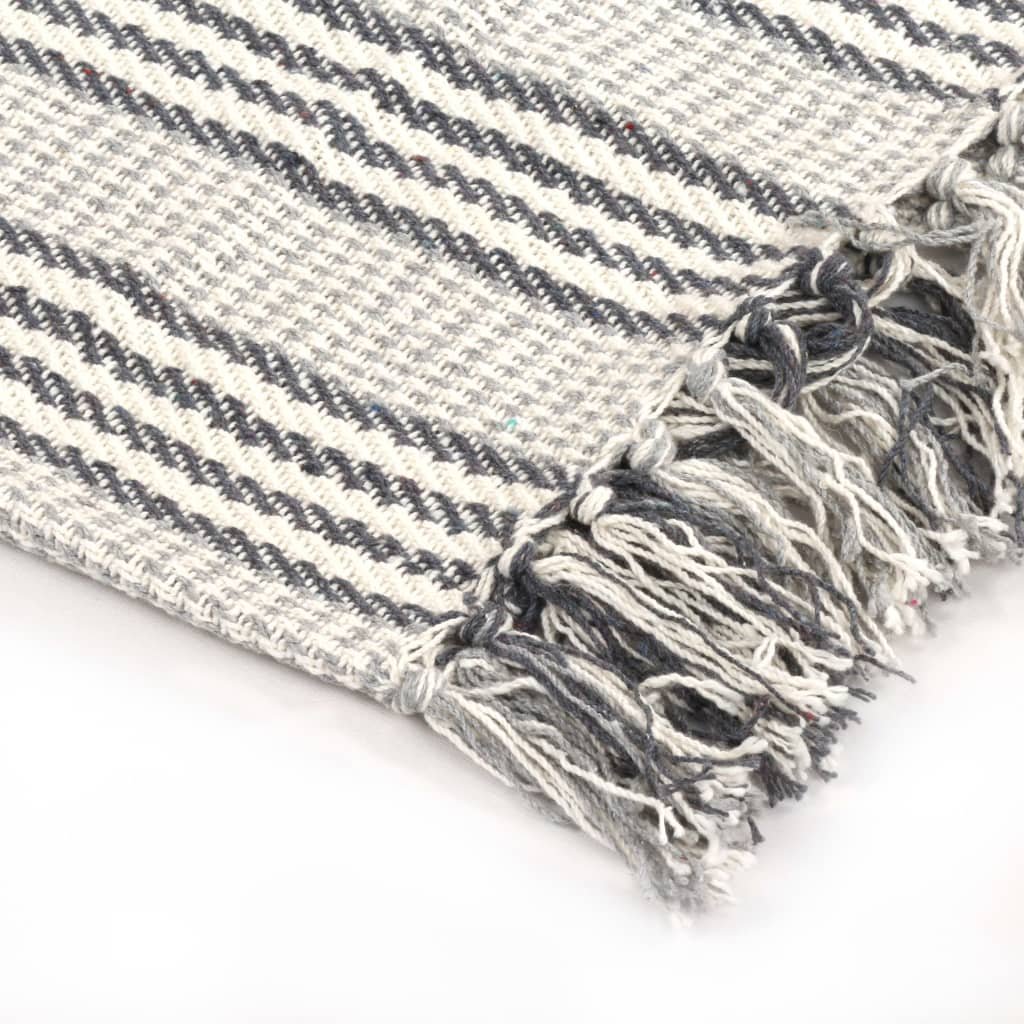 vidaXL Throw Cotton Stripes 160x210 cm Grey and White - GlenGiftsuk