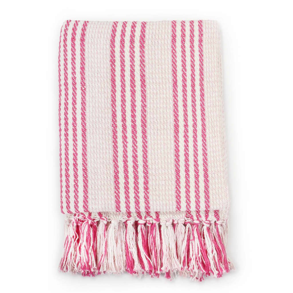 vidaXL Throw Cotton Stripes 160x210 cm Pink and White - GlenGiftsuk