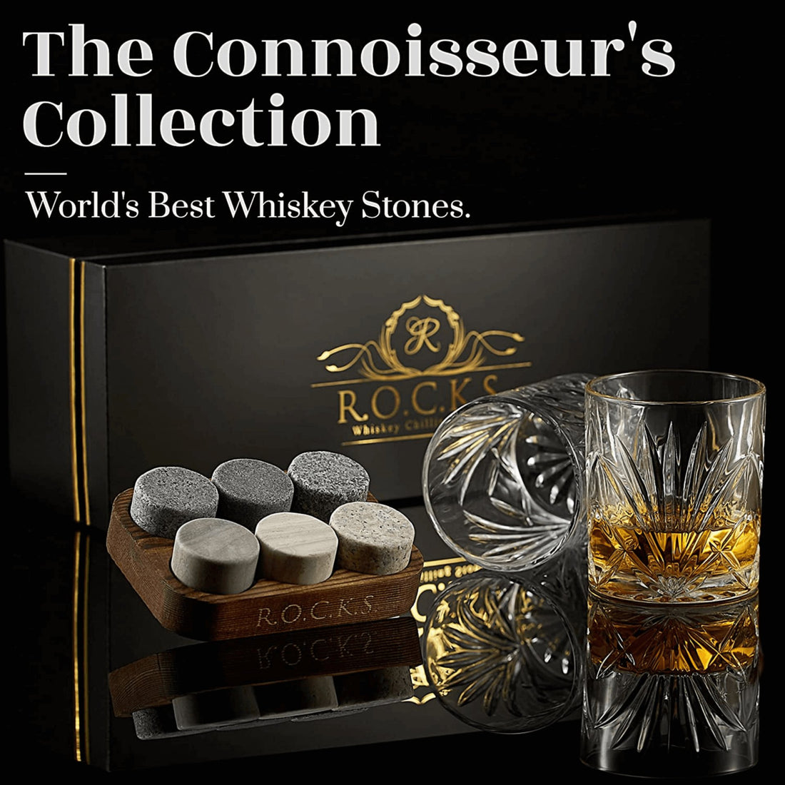 Whiskey Chilling Stones Gift Set With 2 Palm Crystal Glasses - GlenGiftsuk