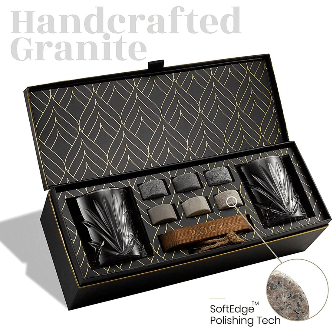 Whiskey Chilling Stones Gift Set With 2 Palm Crystal Glasses - GlenGiftsuk