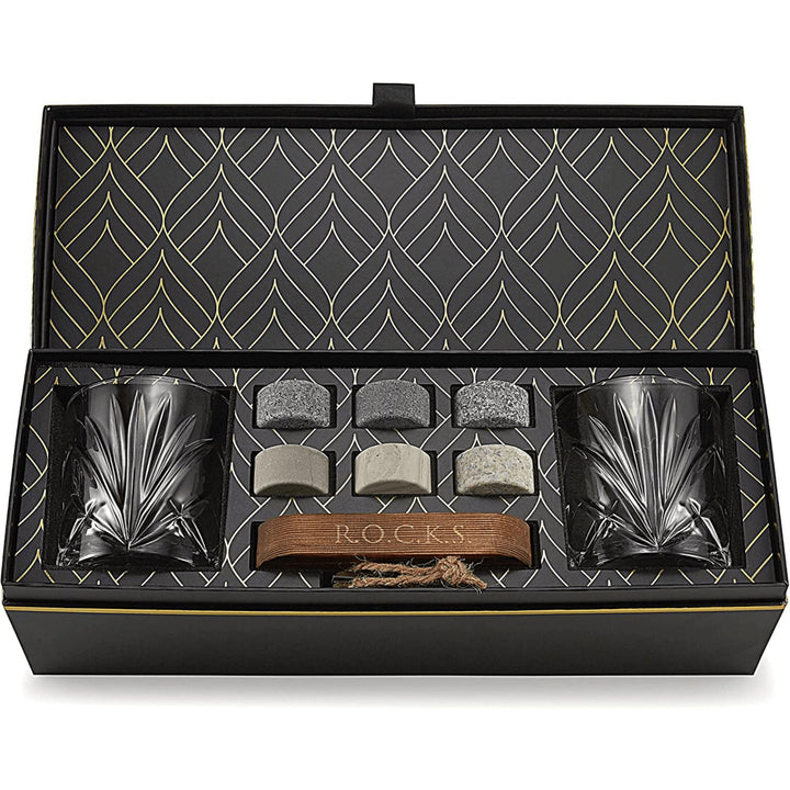 Whiskey Chilling Stones Gift Set With 2 Palm Crystal Glasses - GlenGiftsuk